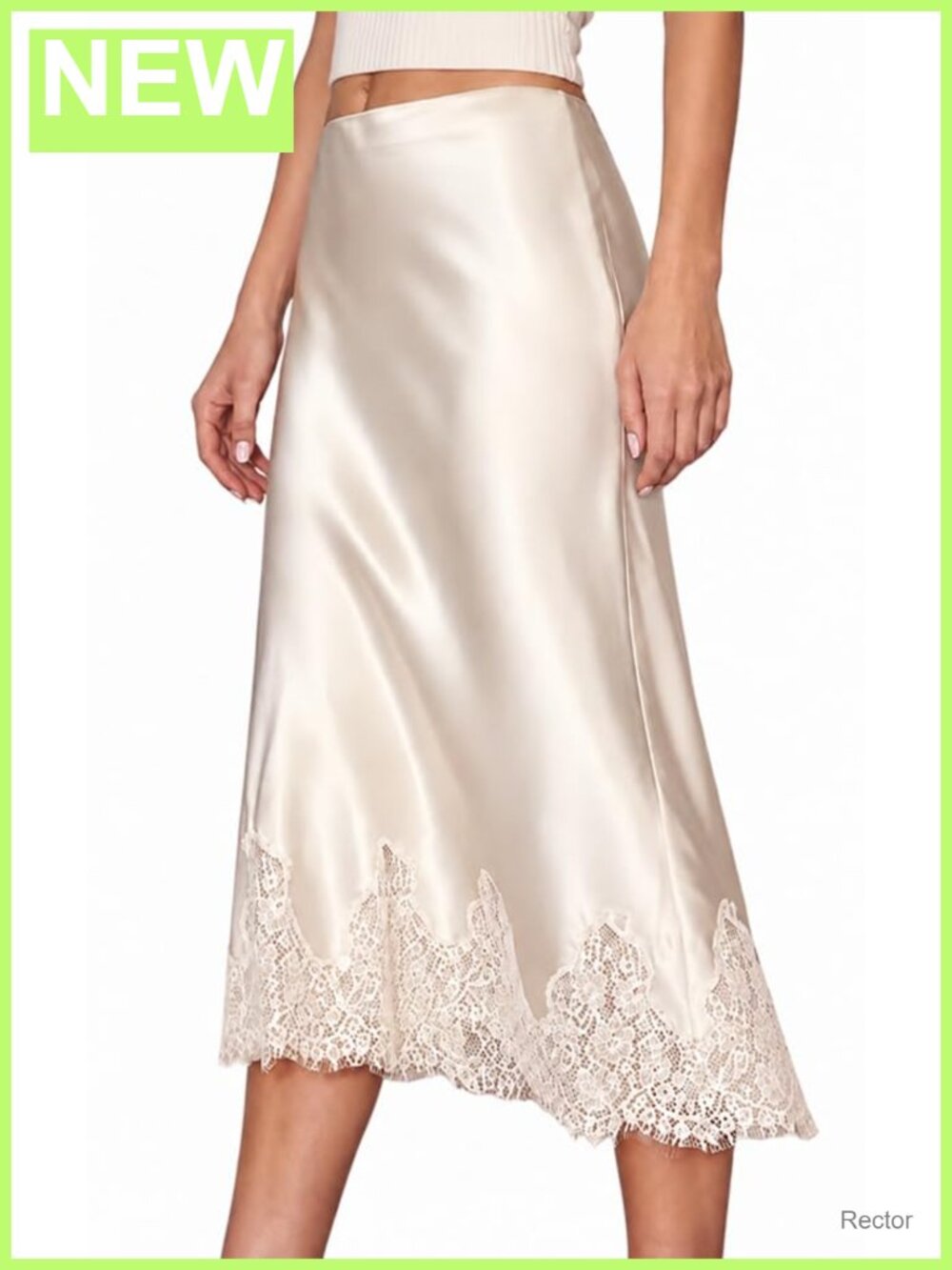Satin Midi Skirt Lace Trim A-Line High Waist Flowy